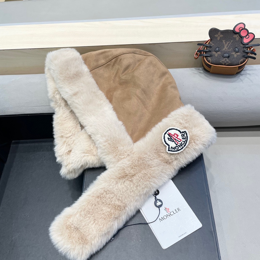 蒙口Moncler毛绒绒可爱雷锋帽女2024新款冬季加厚保暖麂皮绒护耳护颈套头帽子