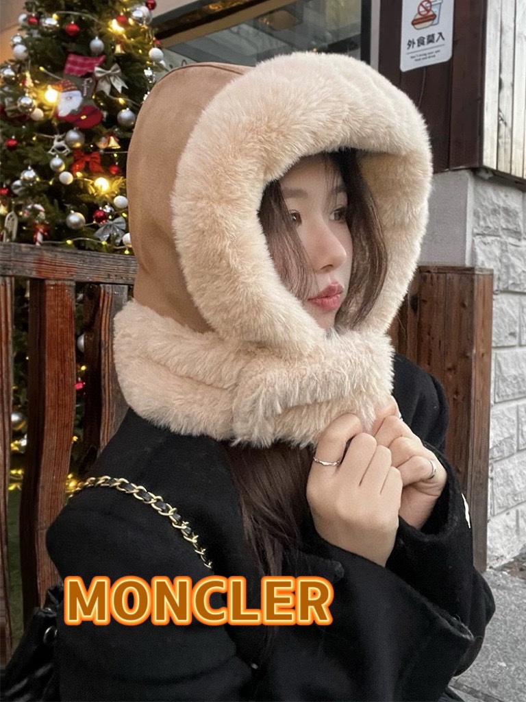 蒙口Moncler毛绒绒可爱雷锋帽女2024新款冬季加厚保暖麂皮绒护耳护颈套头帽子