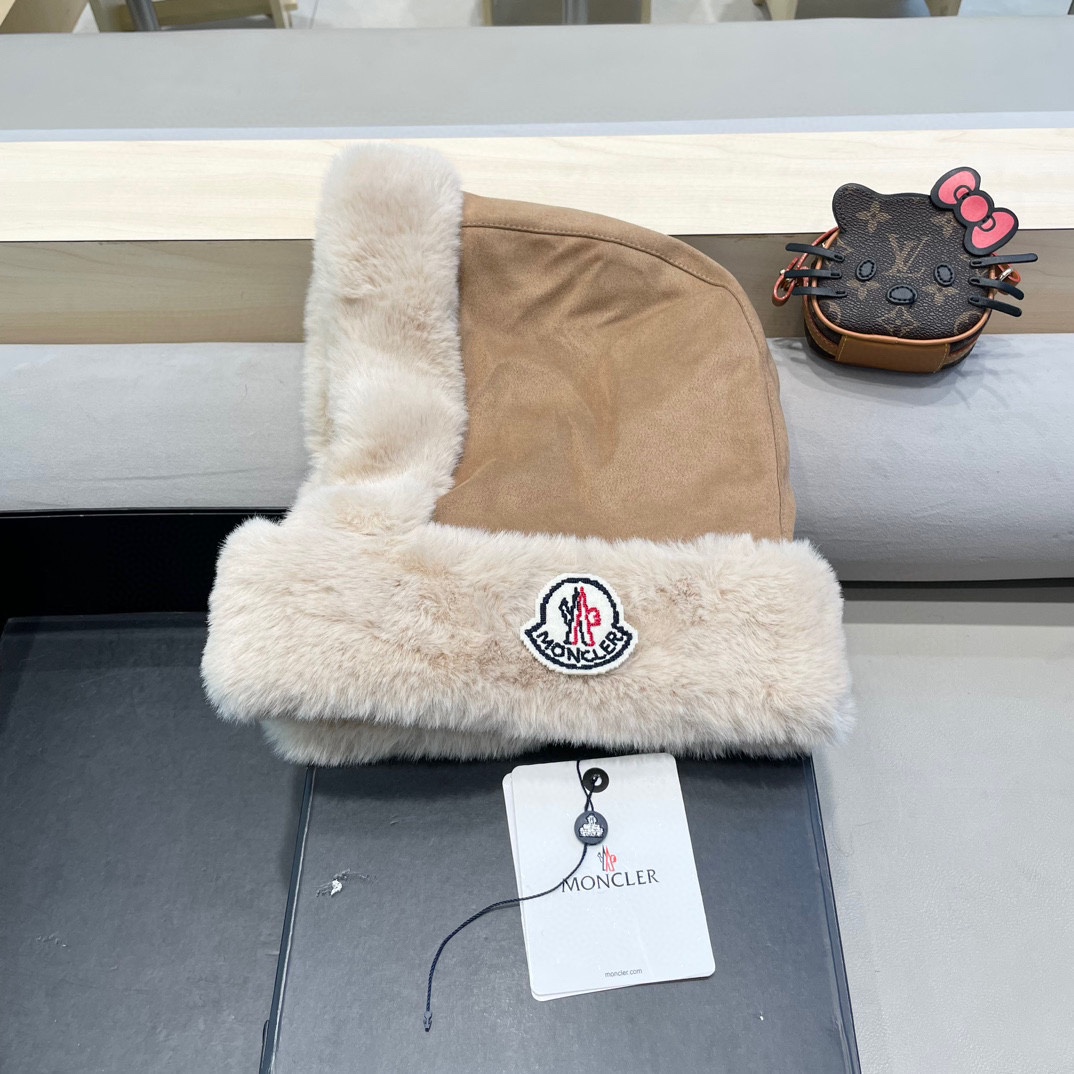 蒙口Moncler毛绒绒可爱雷锋帽女2024新款冬季加厚保暖麂皮绒护耳护颈套头帽子