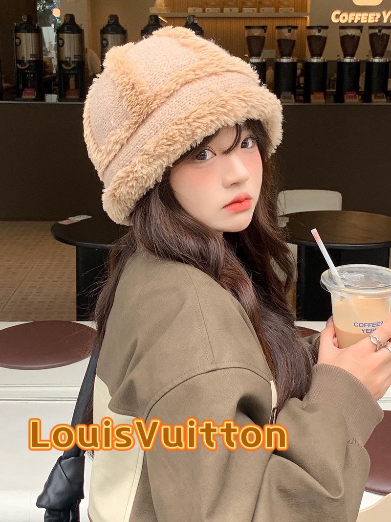 🧢路易威登棒球帽 LouisVuitton😍毛绒帽子女秋冬季2024新款针织帽大头围显脸小加厚保暖护耳渔