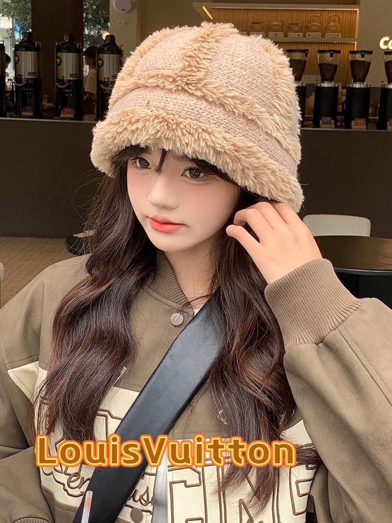 🧢路易威登棒球帽 LouisVuitton😍毛绒帽子女秋冬季2024新款针织帽大头围显脸小加厚保暖护耳渔
