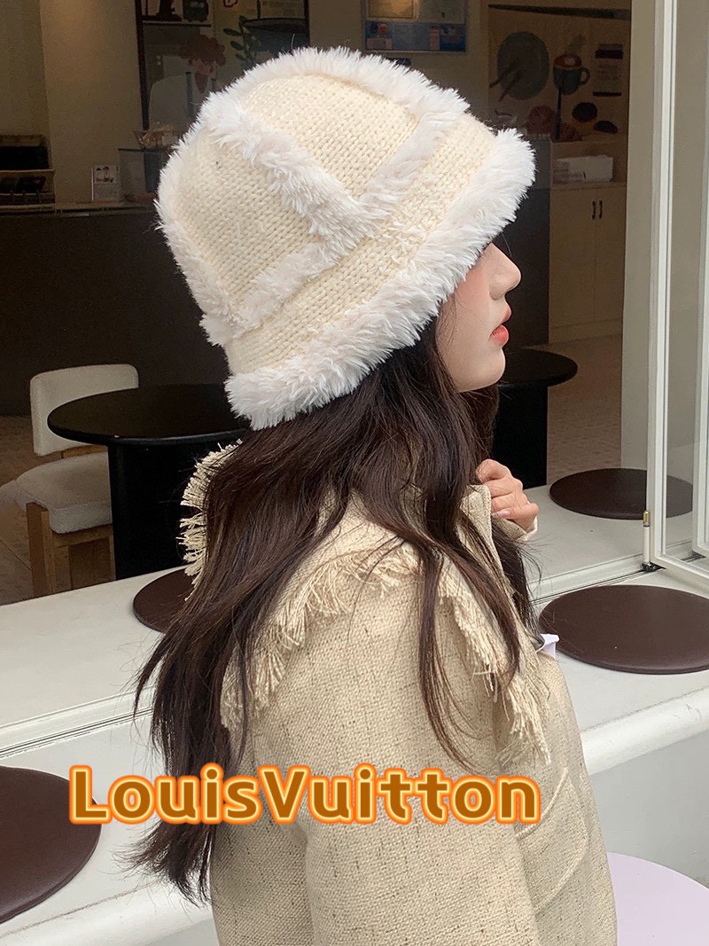 🧢路易威登棒球帽 LouisVuitton😍毛绒帽子女秋冬季2024新款针织帽大头围显脸小加厚保暖护耳渔