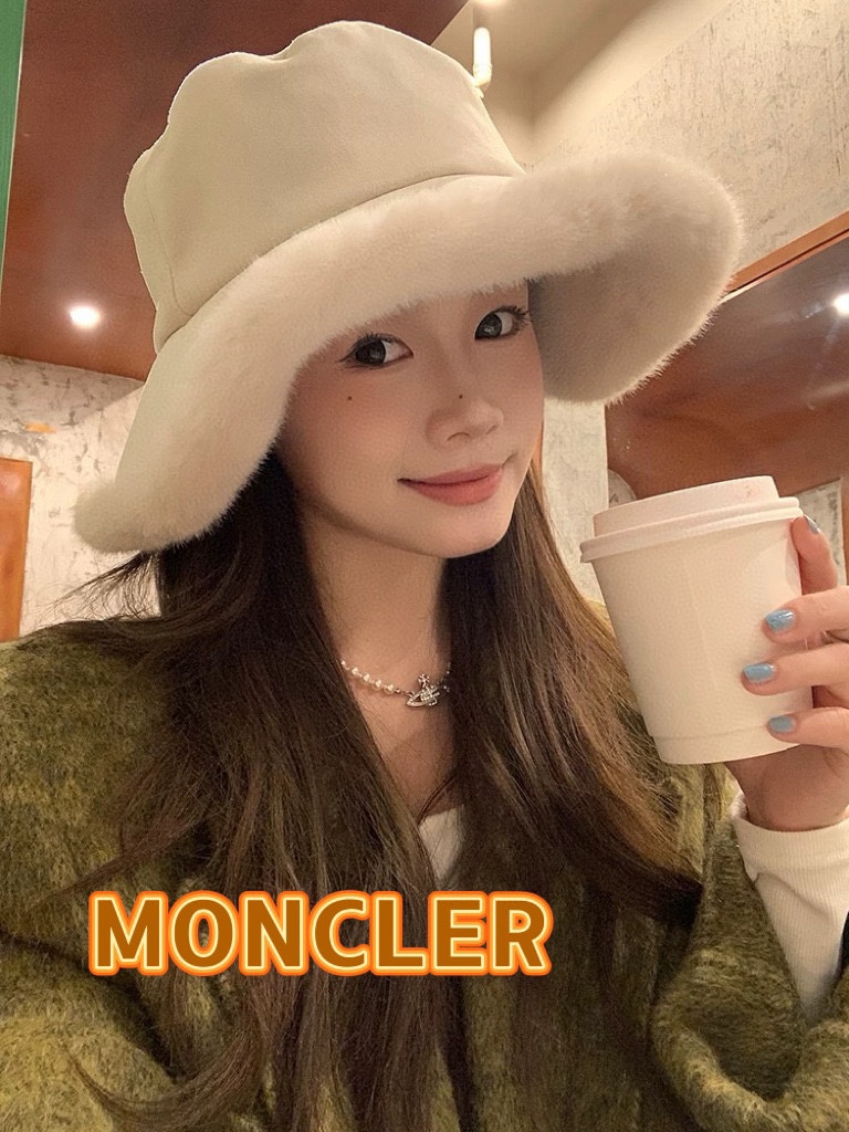 蒙口Moncler大檐加绒渔夫帽子女秋冬保暖毛绒帽护耳百搭加厚盆帽