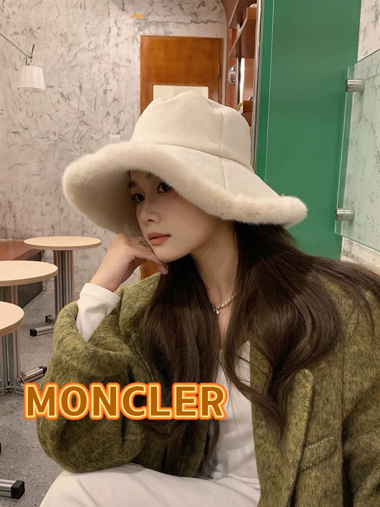 蒙口Moncler大檐加绒渔夫帽子女秋冬保暖毛绒帽护耳百搭加厚盆帽