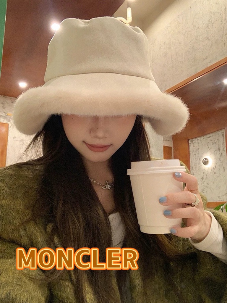 蒙口Moncler大檐加绒渔夫帽子女秋冬保暖毛绒帽护耳百搭加厚盆帽