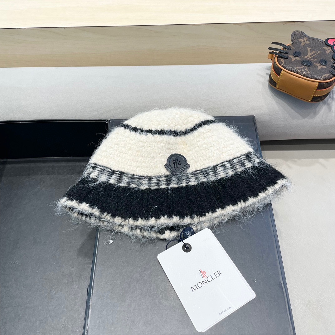 蒙口Moncler冬季渔夫帽 氛围感针织羊毛渔夫帽条纹撞色小众设计韩系百搭2024