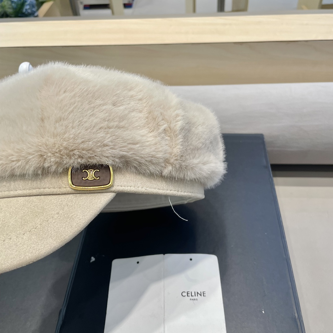 塞琳Celine仿水貂毛绒贝雷帽女冬季显脸小报童画家帽大头围保暖毛绒八角帽子