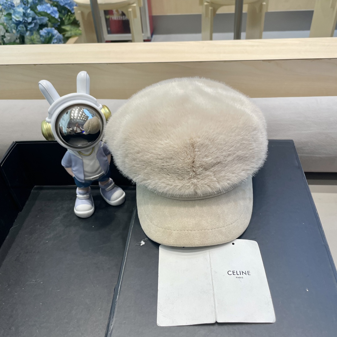 塞琳Celine仿水貂毛绒贝雷帽女冬季显脸小报童画家帽大头围保暖毛绒八角帽子