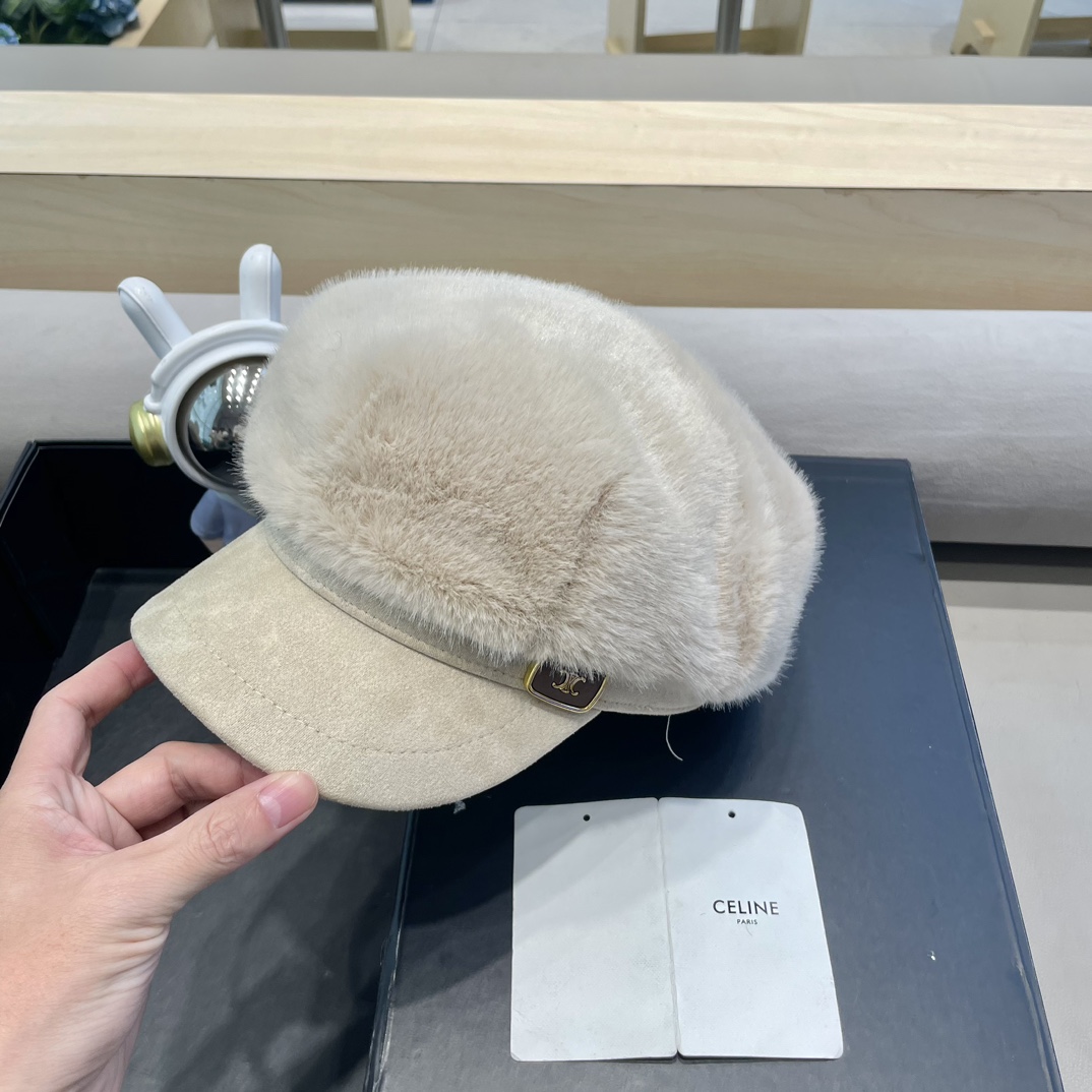 塞琳Celine仿水貂毛绒贝雷帽女冬季显脸小报童画家帽大头围保暖毛绒八角帽子