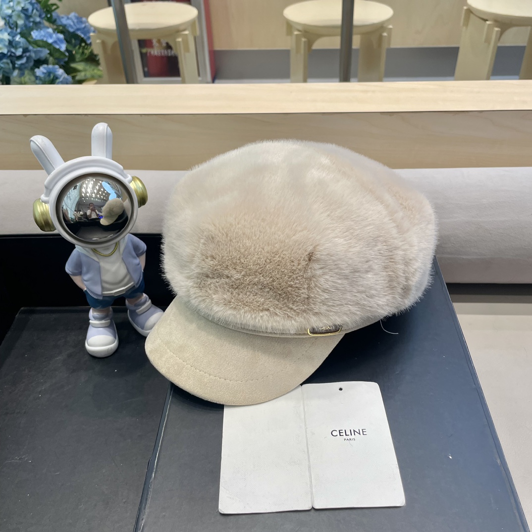 塞琳Celine仿水貂毛绒贝雷帽女冬季显脸小报童画家帽大头围保暖毛绒八角帽子
