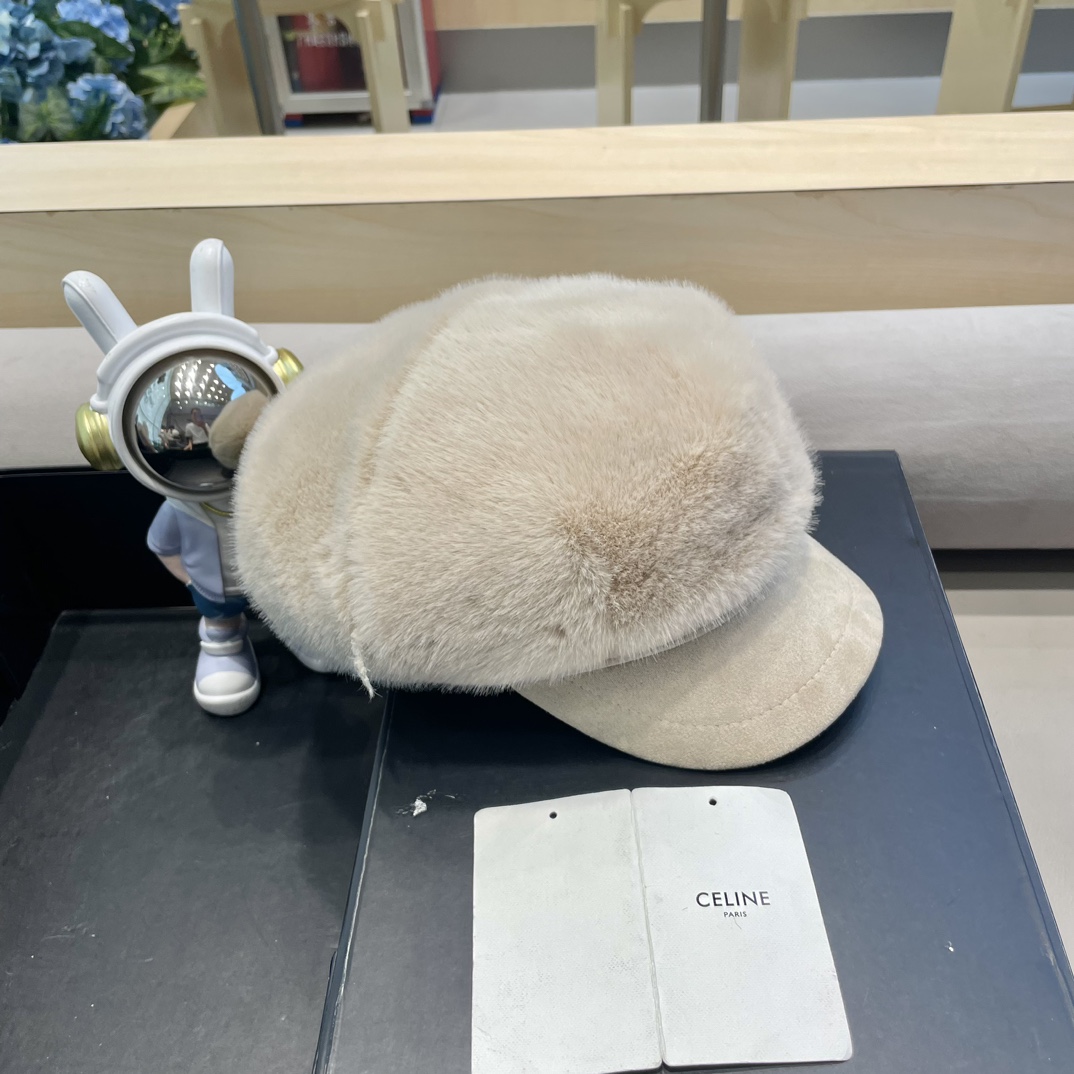 塞琳Celine仿水貂毛绒贝雷帽女冬季显脸小报童画家帽大头围保暖毛绒八角帽子