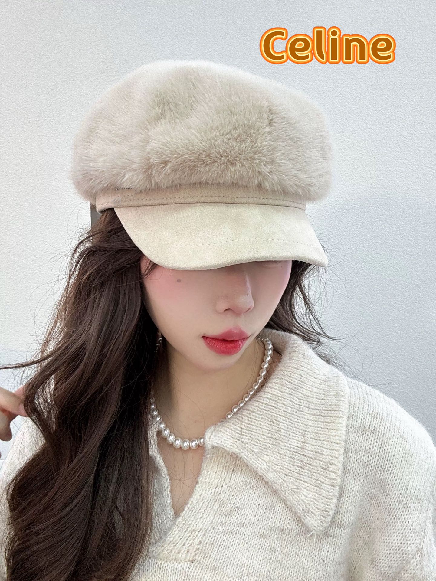 塞琳Celine仿水貂毛绒贝雷帽女冬季显脸小报童画家帽大头围保暖毛绒八角帽子