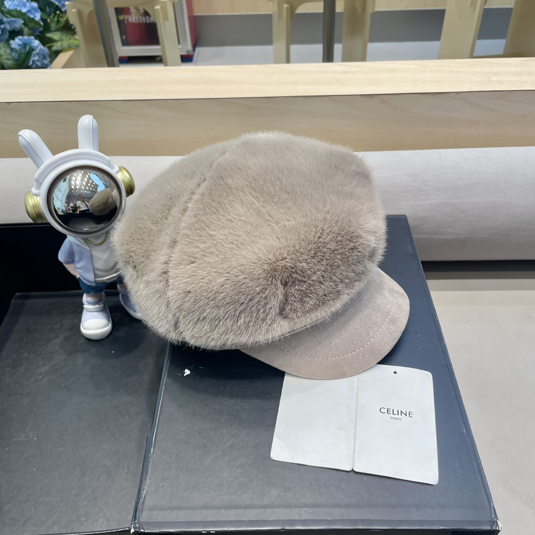 塞琳Celine仿水貂毛绒贝雷帽女冬季显脸小报童画家帽大头围保暖毛绒八角帽子