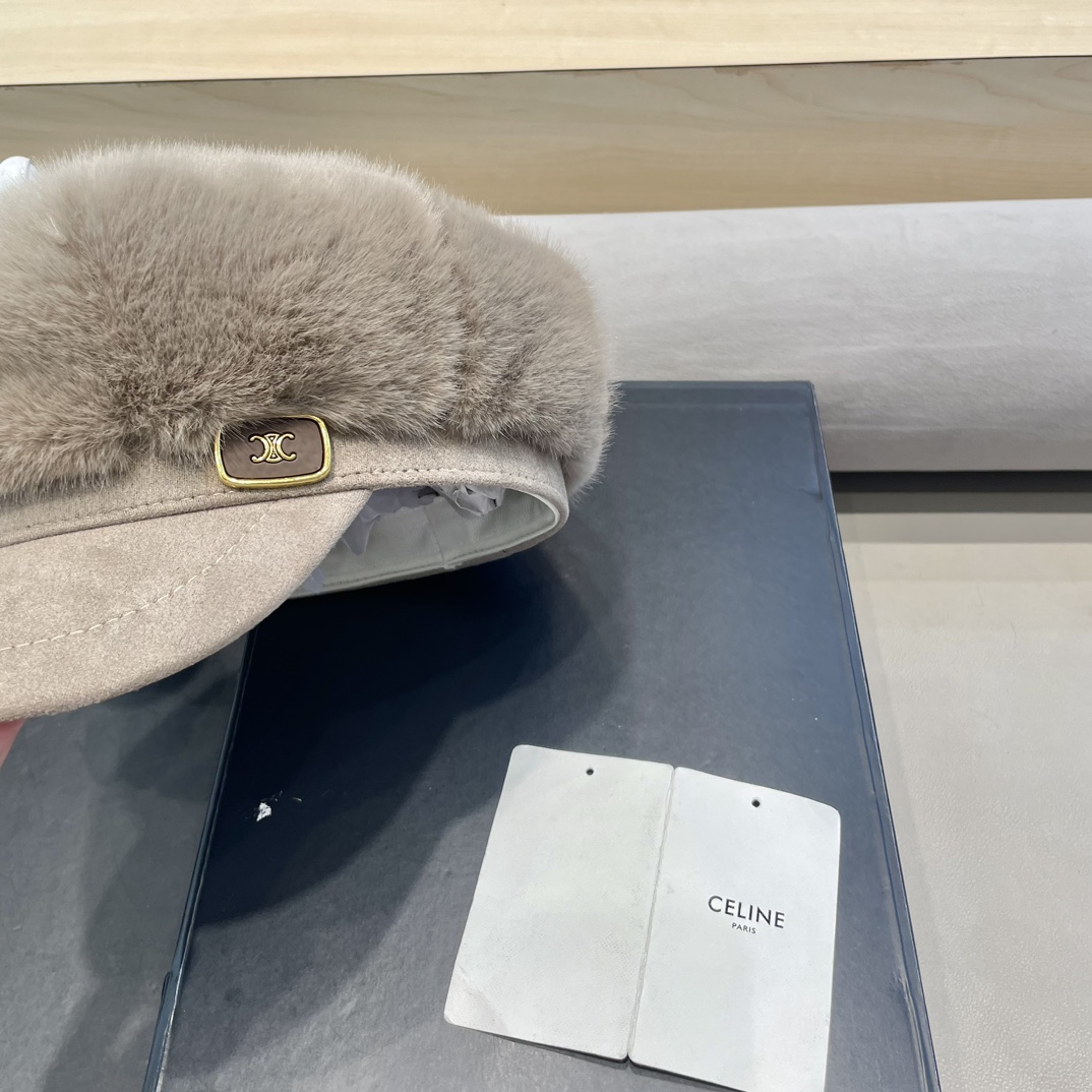 塞琳Celine仿水貂毛绒贝雷帽女冬季显脸小报童画家帽大头围保暖毛绒八角帽子