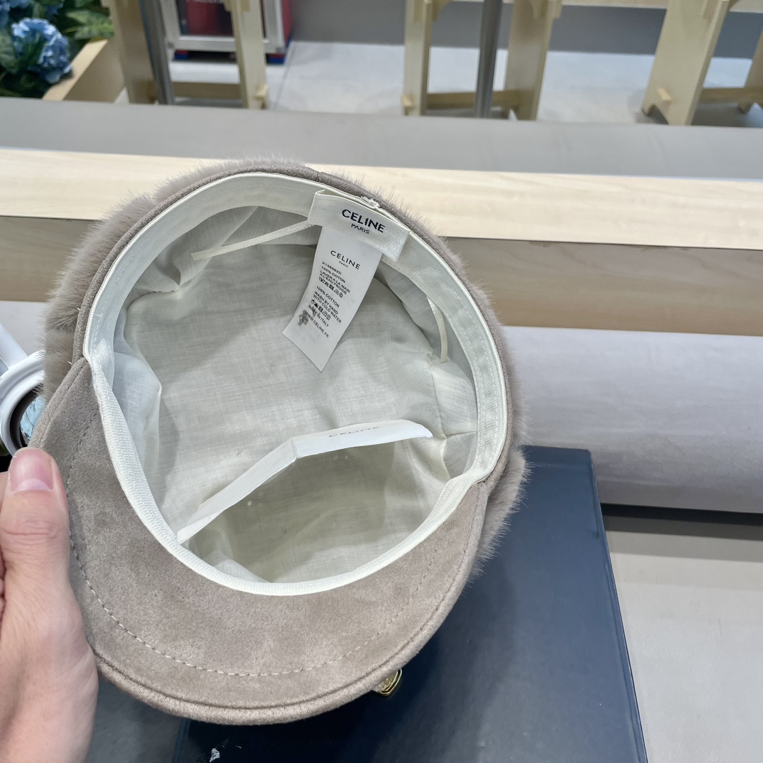 塞琳Celine仿水貂毛绒贝雷帽女冬季显脸小报童画家帽大头围保暖毛绒八角帽子