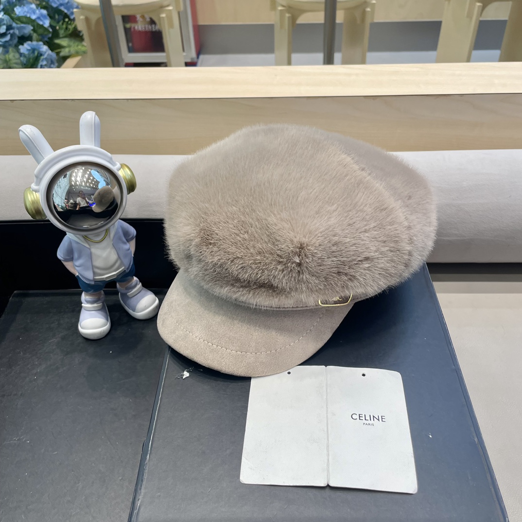 塞琳Celine仿水貂毛绒贝雷帽女冬季显脸小报童画家帽大头围保暖毛绒八角帽子