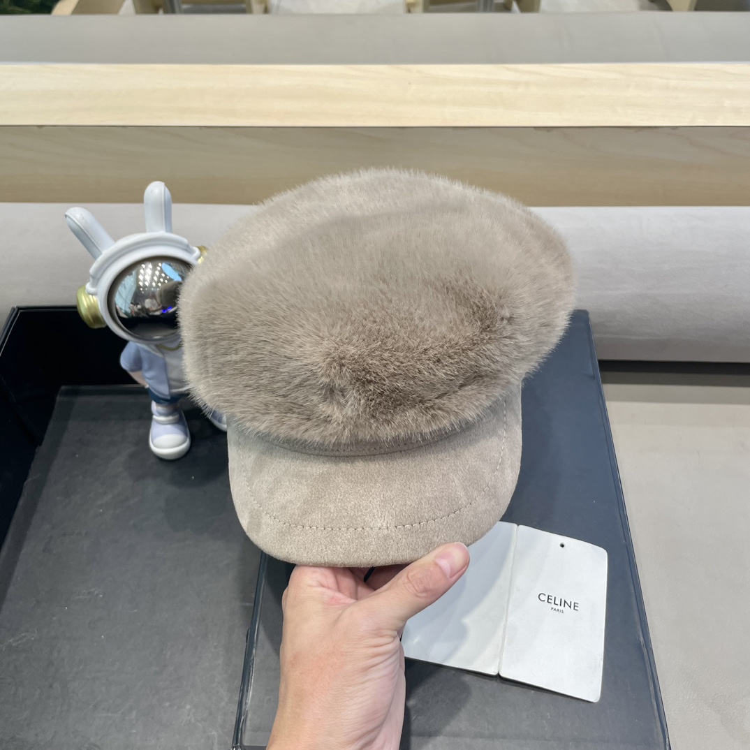 塞琳Celine仿水貂毛绒贝雷帽女冬季显脸小报童画家帽大头围保暖毛绒八角帽子