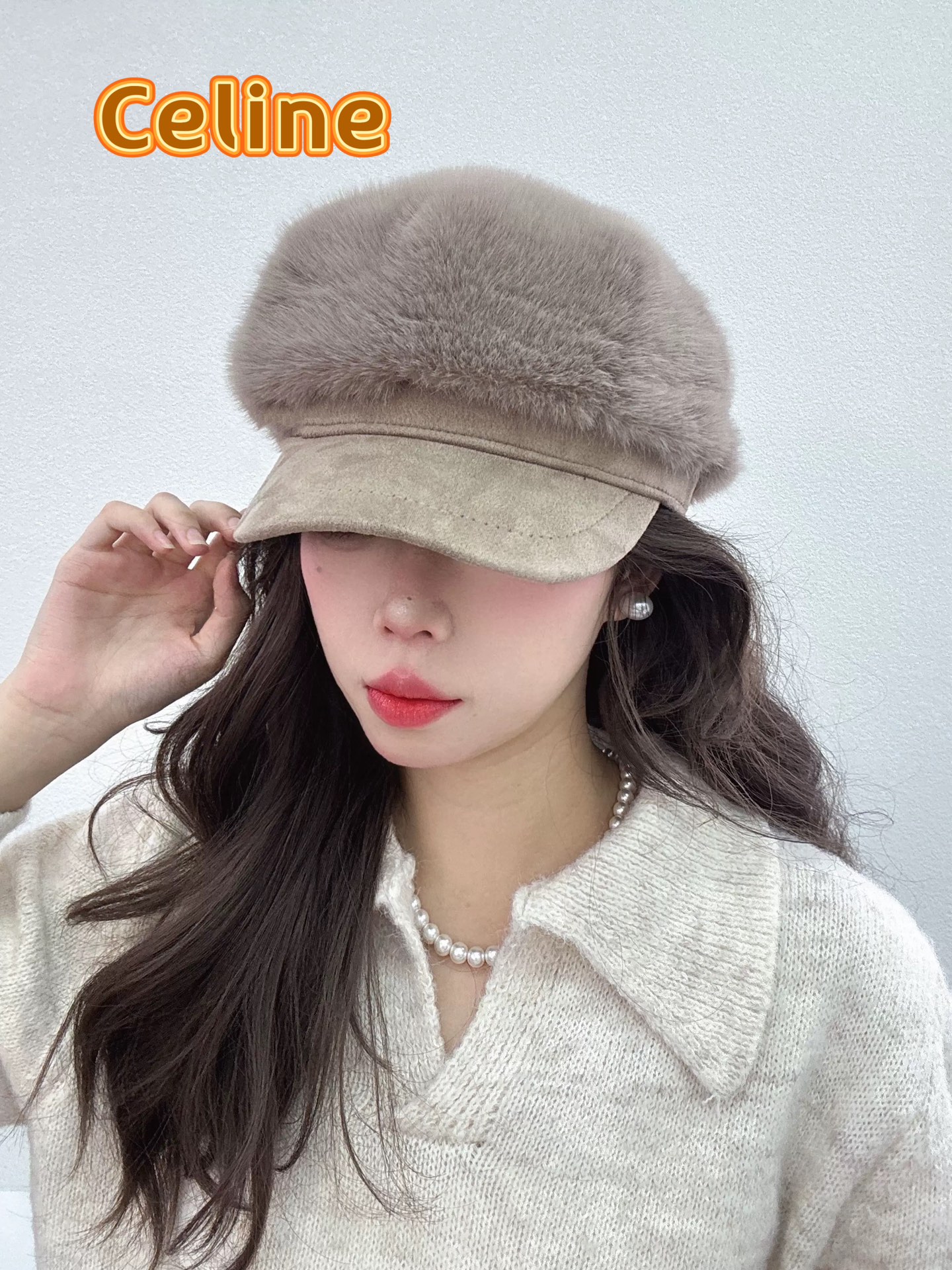 塞琳Celine仿水貂毛绒贝雷帽女冬季显脸小报童画家帽大头围保暖毛绒八角帽子