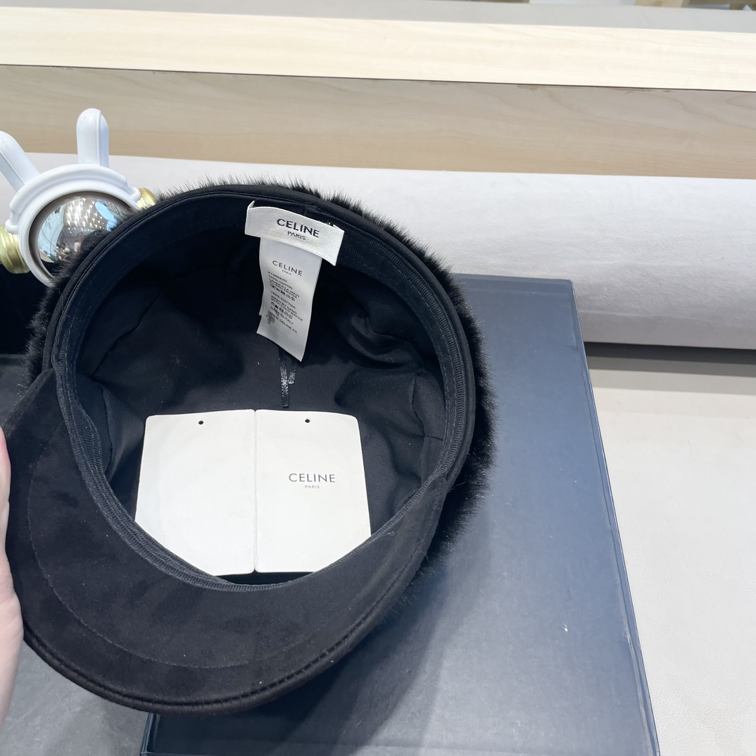 塞琳Celine仿水貂毛绒贝雷帽女冬季显脸小报童画家帽大头围保暖毛绒八角帽子