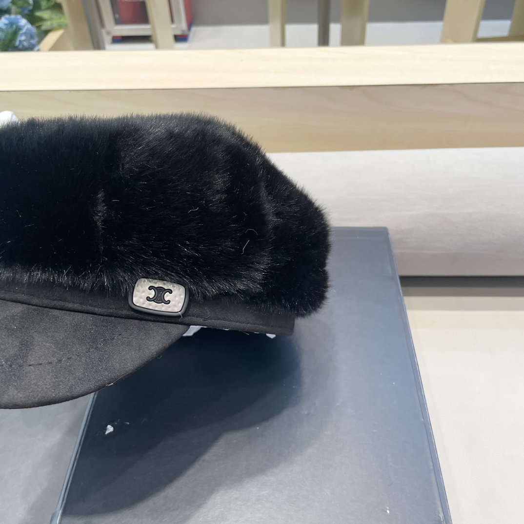 塞琳Celine仿水貂毛绒贝雷帽女冬季显脸小报童画家帽大头围保暖毛绒八角帽子