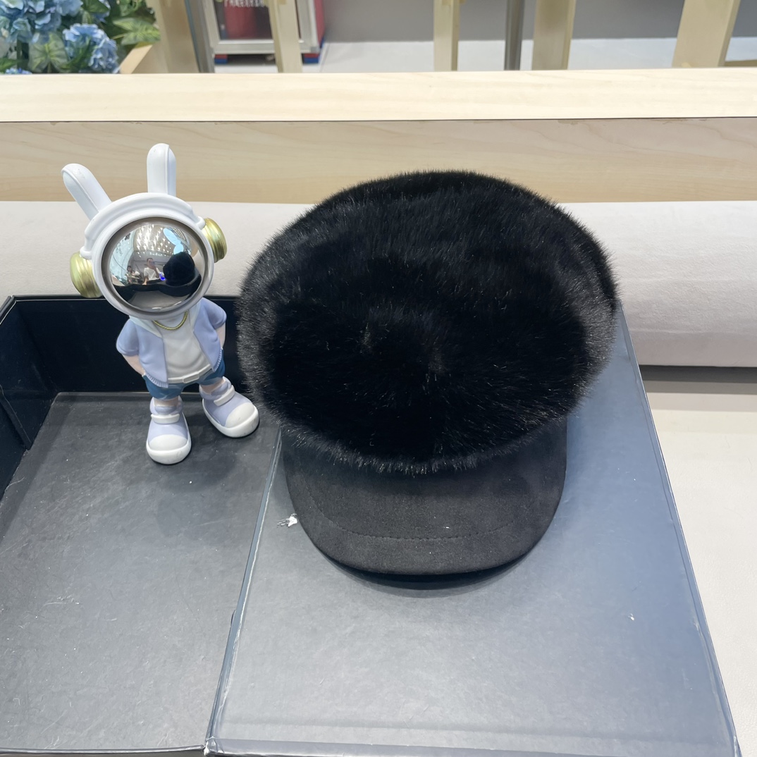 塞琳Celine仿水貂毛绒贝雷帽女冬季显脸小报童画家帽大头围保暖毛绒八角帽子