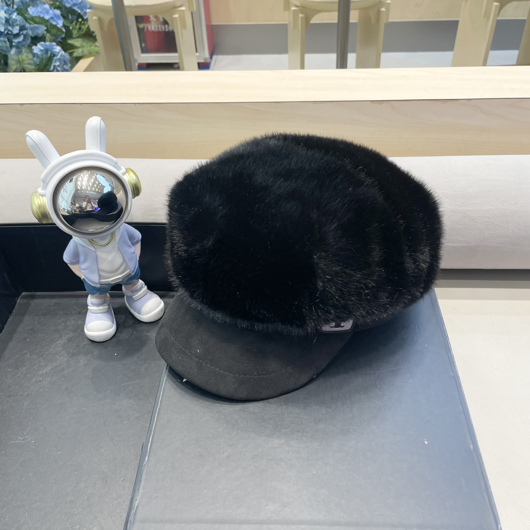 塞琳Celine仿水貂毛绒贝雷帽女冬季显脸小报童画家帽大头围保暖毛绒八角帽子