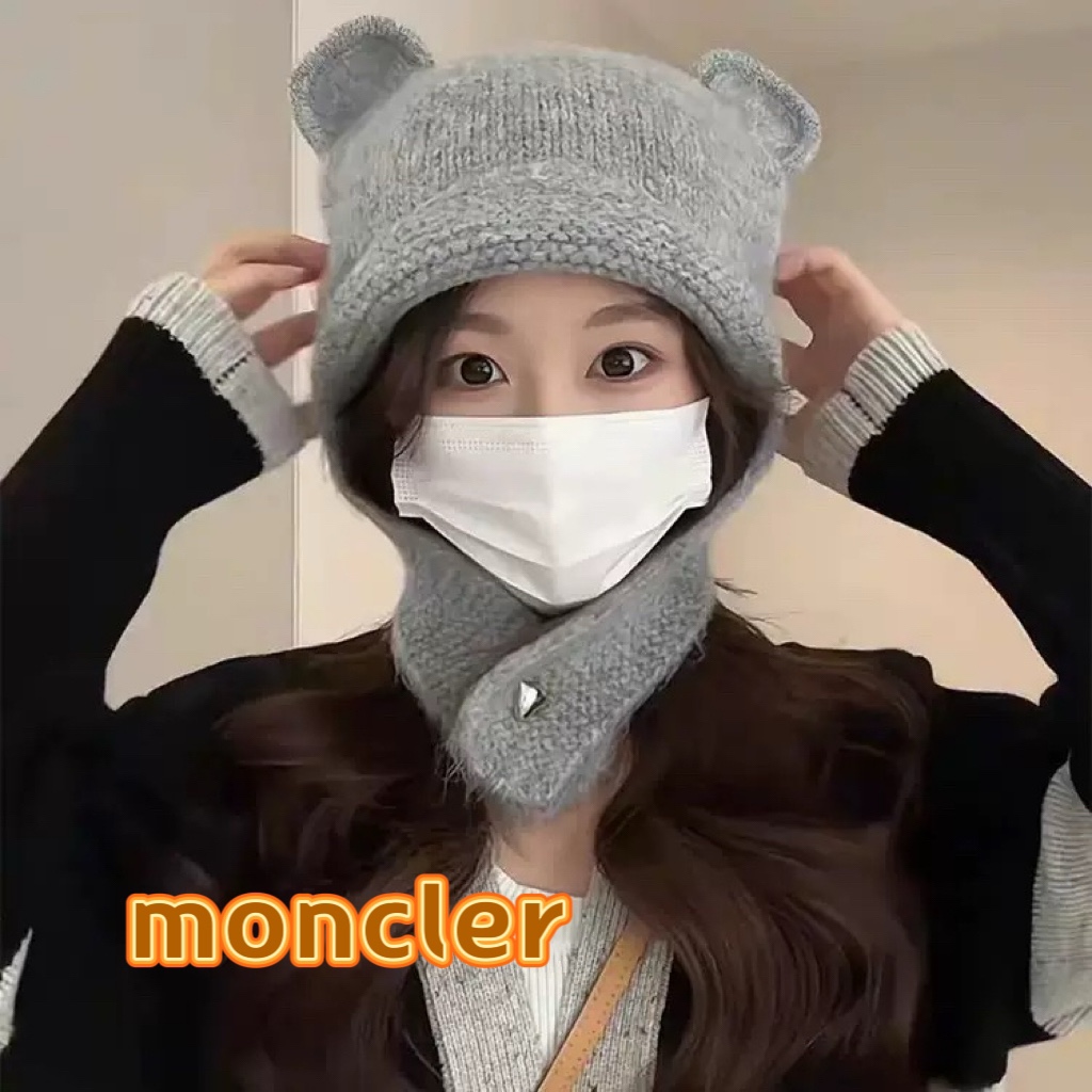 moncler小熊毛线帽子女可爱显脸小含羊毛针织帽秋冬保暖护耳雷锋帽