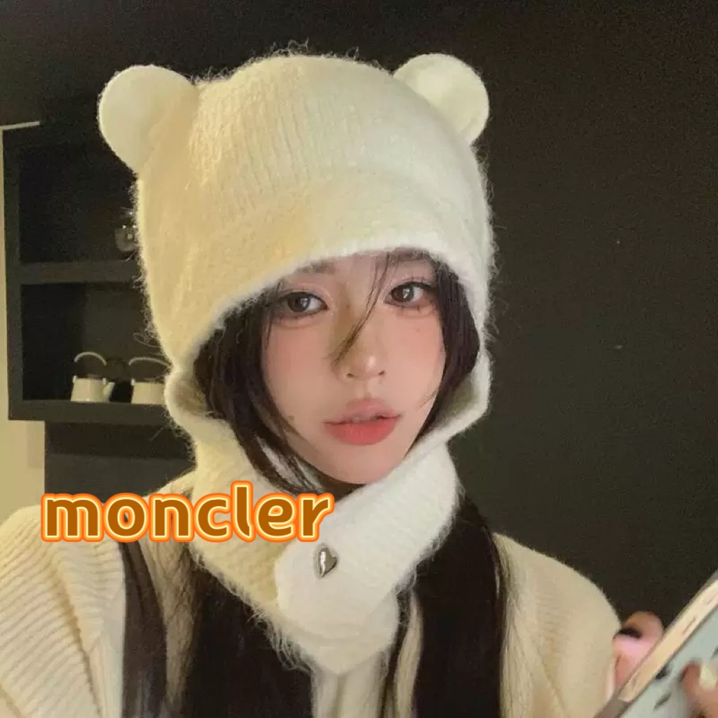 moncler小熊毛线帽子女可爱显脸小含羊毛针织帽秋冬保暖护耳雷锋帽