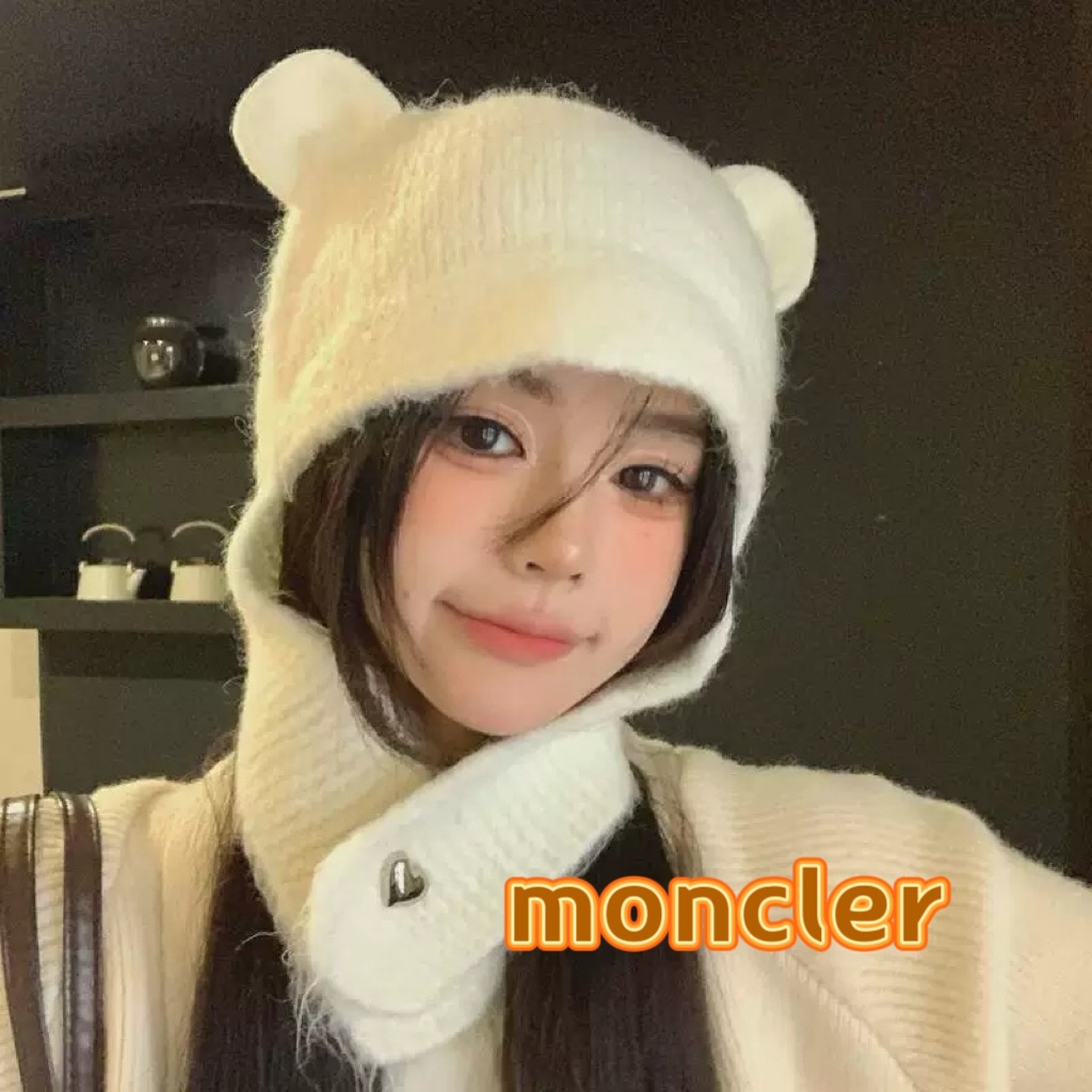 moncler小熊毛线帽子女可爱显脸小含羊毛针织帽秋冬保暖护耳雷锋帽