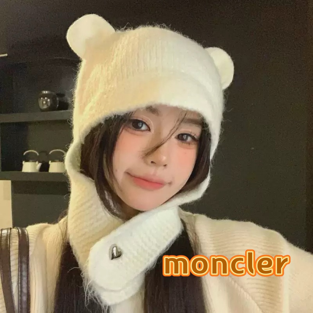 moncler小熊毛线帽子女可爱显脸小含羊毛针织帽秋冬保暖护耳雷锋帽
