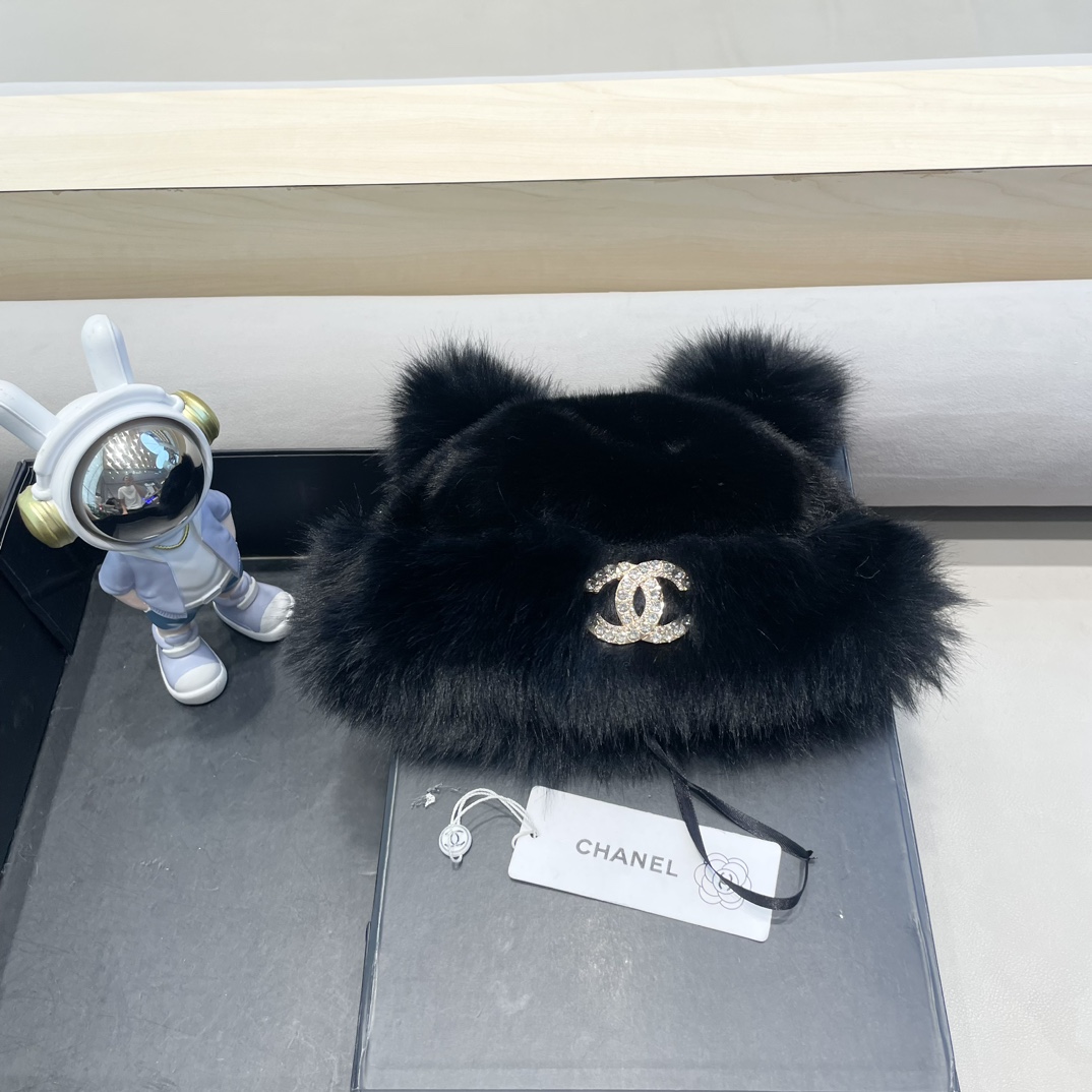 Chanel香奈儿可爱小熊耳朵帽子女2024秋冬新款氛围感百搭保暖毛绒护耳帽