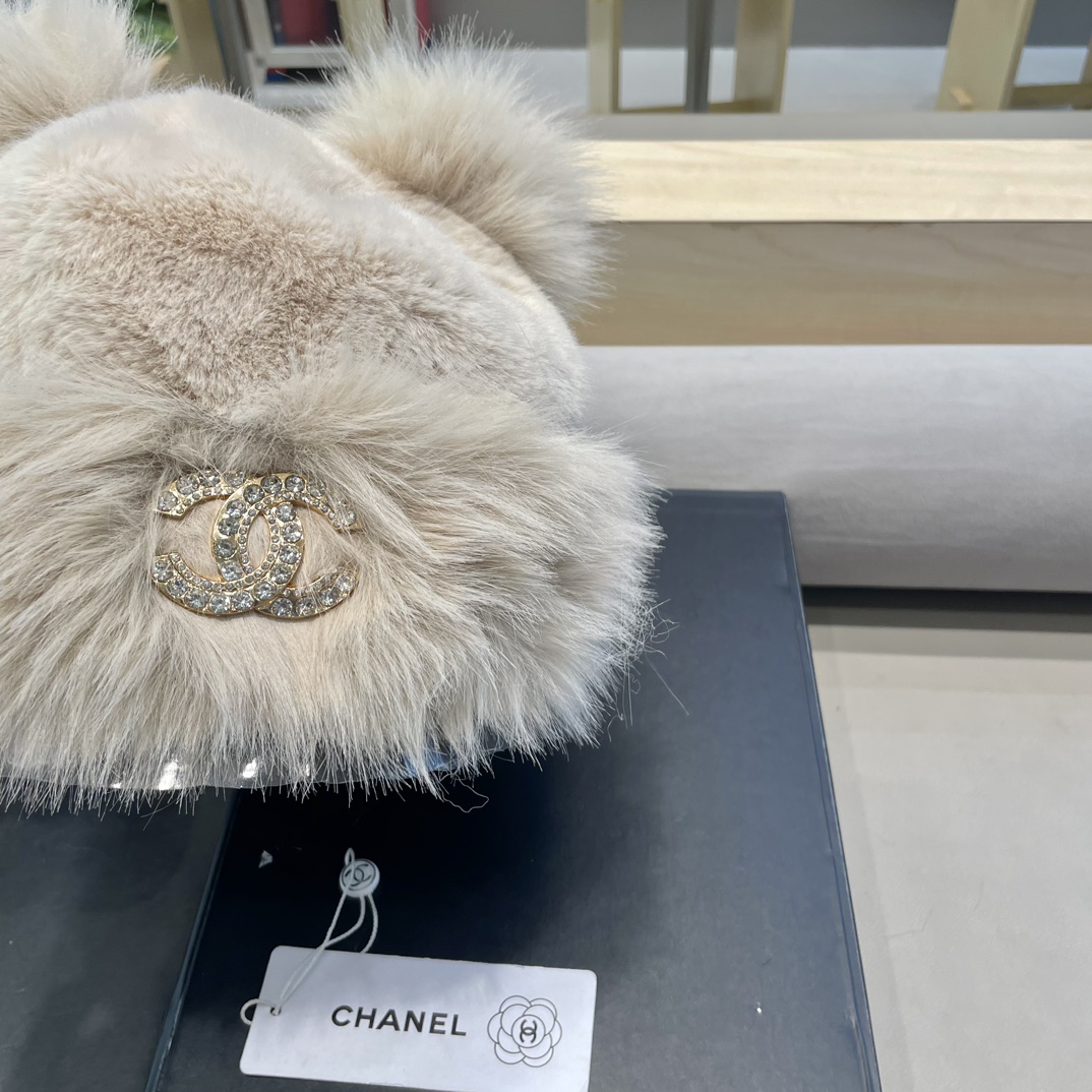 Chanel香奈儿可爱小熊耳朵帽子女2024秋冬新款氛围感百搭保暖毛绒护耳帽