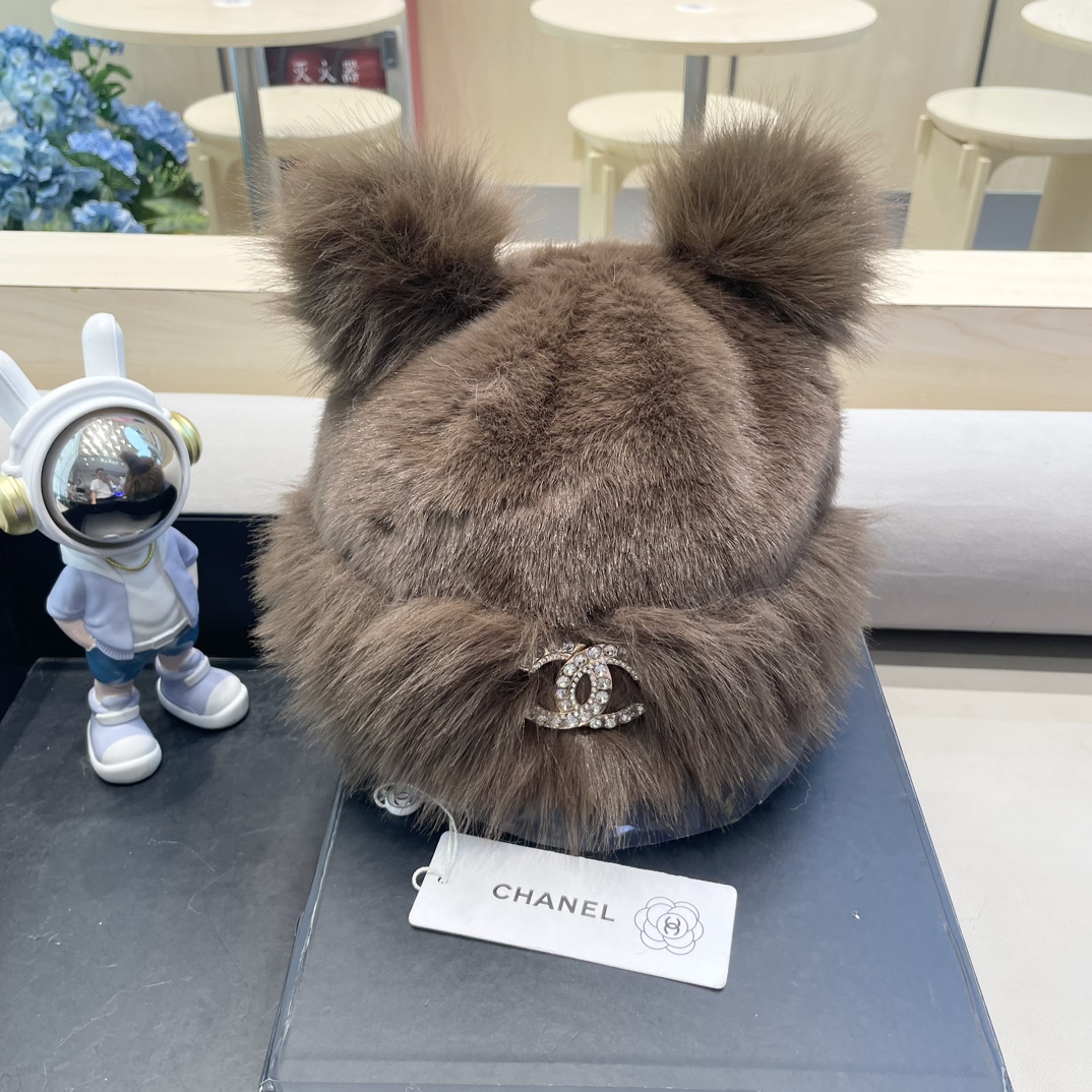Chanel香奈儿可爱小熊耳朵帽子女2024秋冬新款氛围感百搭保暖毛绒护耳帽