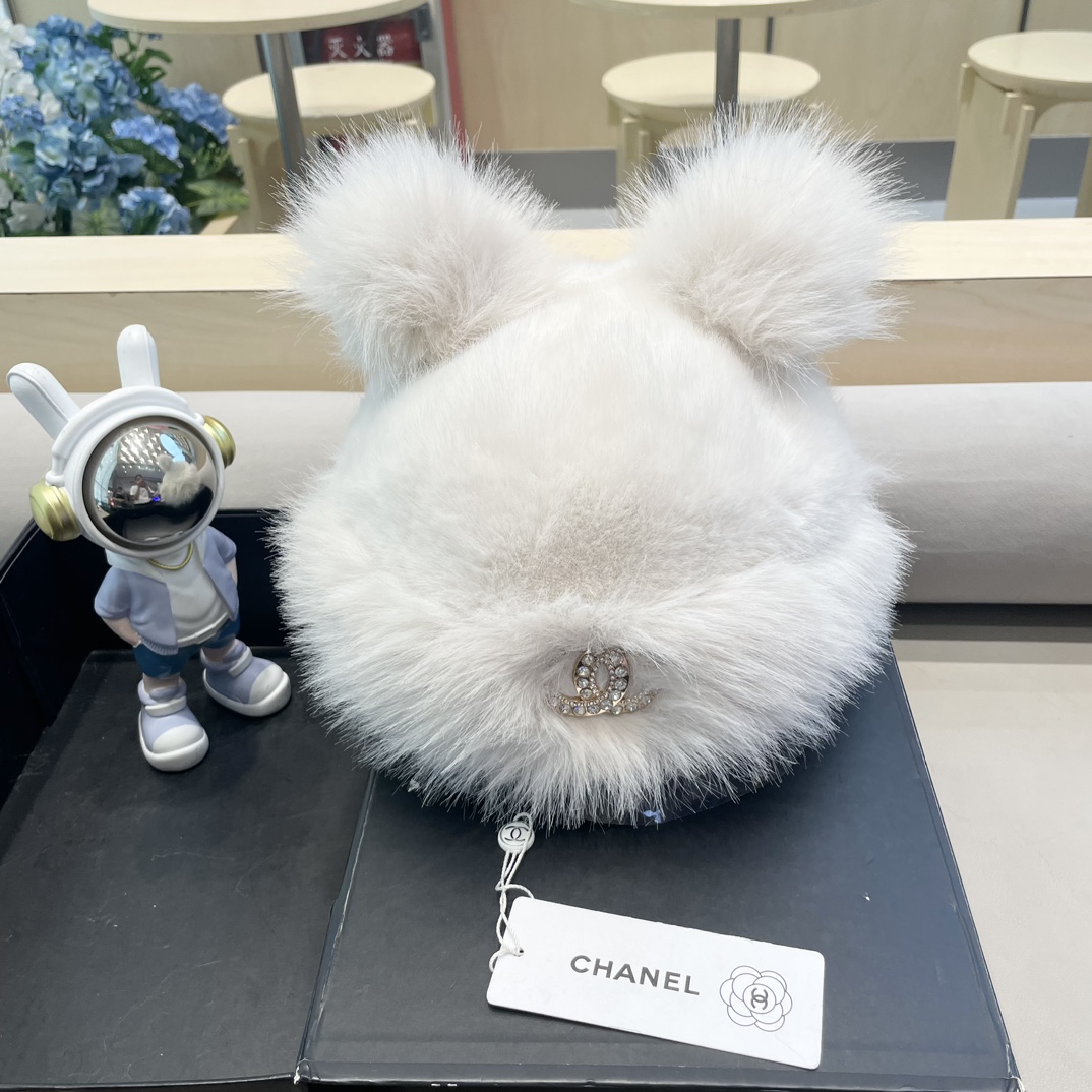 Chanel香奈儿可爱小熊耳朵帽子女2024秋冬新款氛围感百搭保暖毛绒护耳帽
