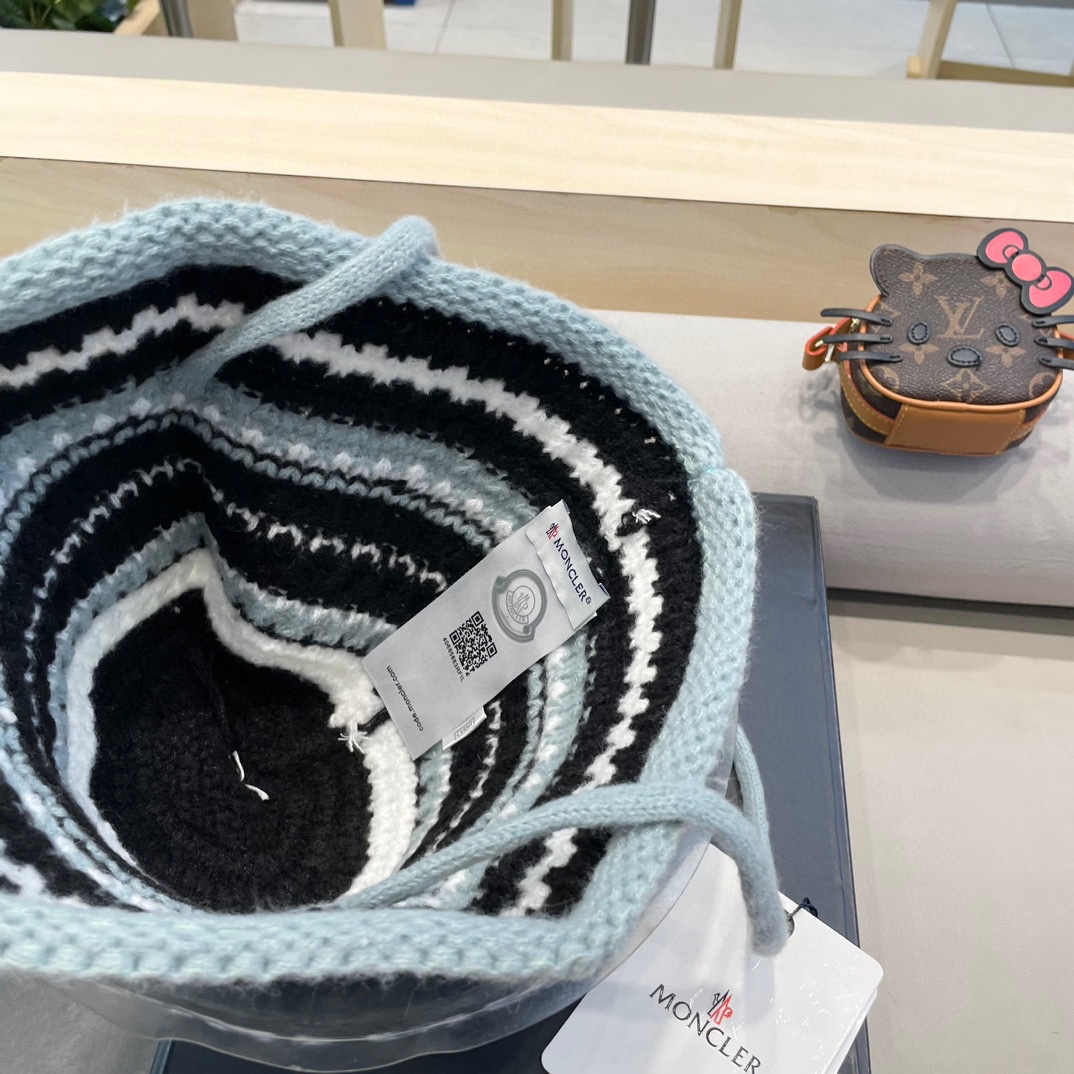 moncler蒙口条纹盆帽潮带子粗针织毛线帽卡其色显脸小美拉德风针织帽子男