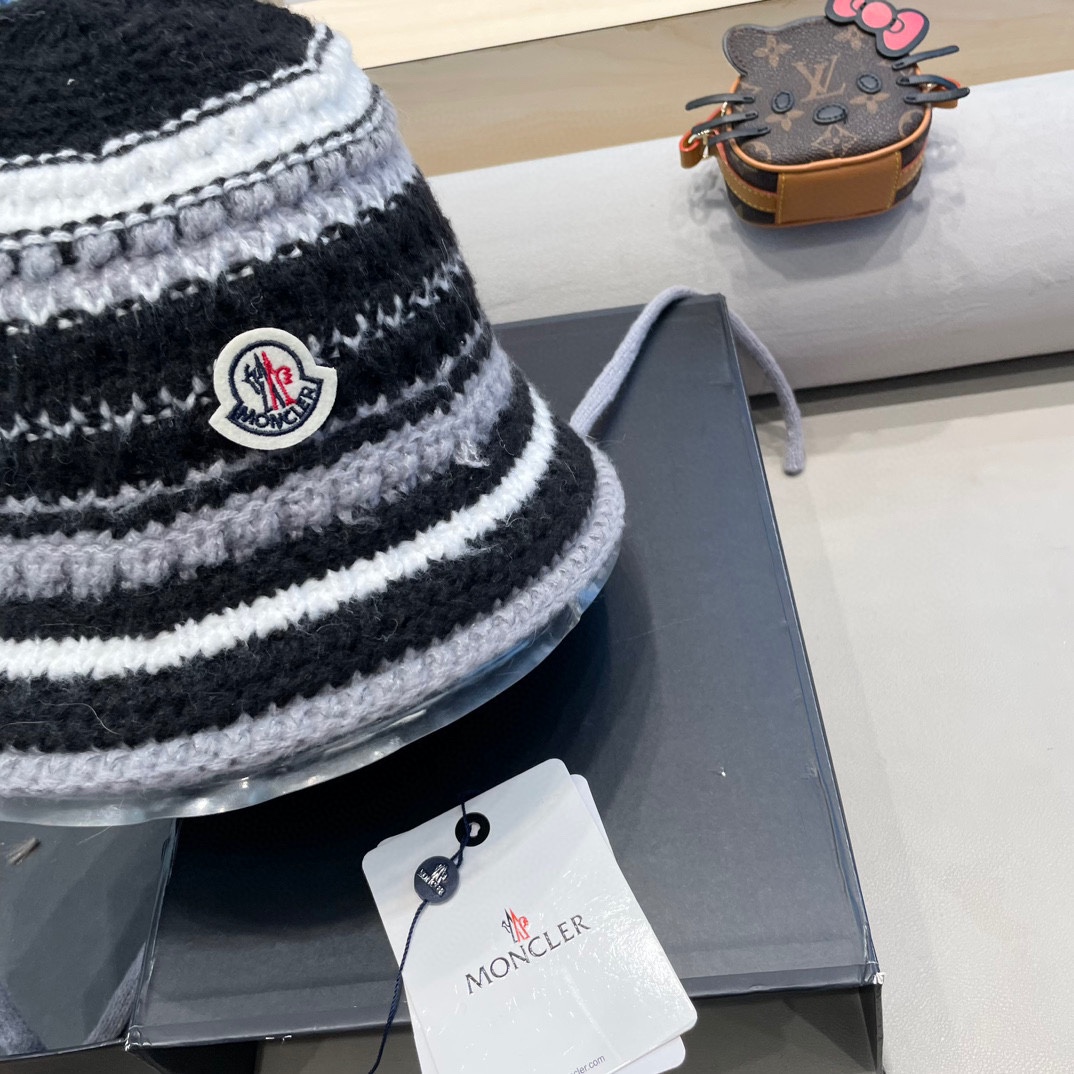 moncler蒙口条纹盆帽潮带子粗针织毛线帽卡其色显脸小美拉德风针织帽子男