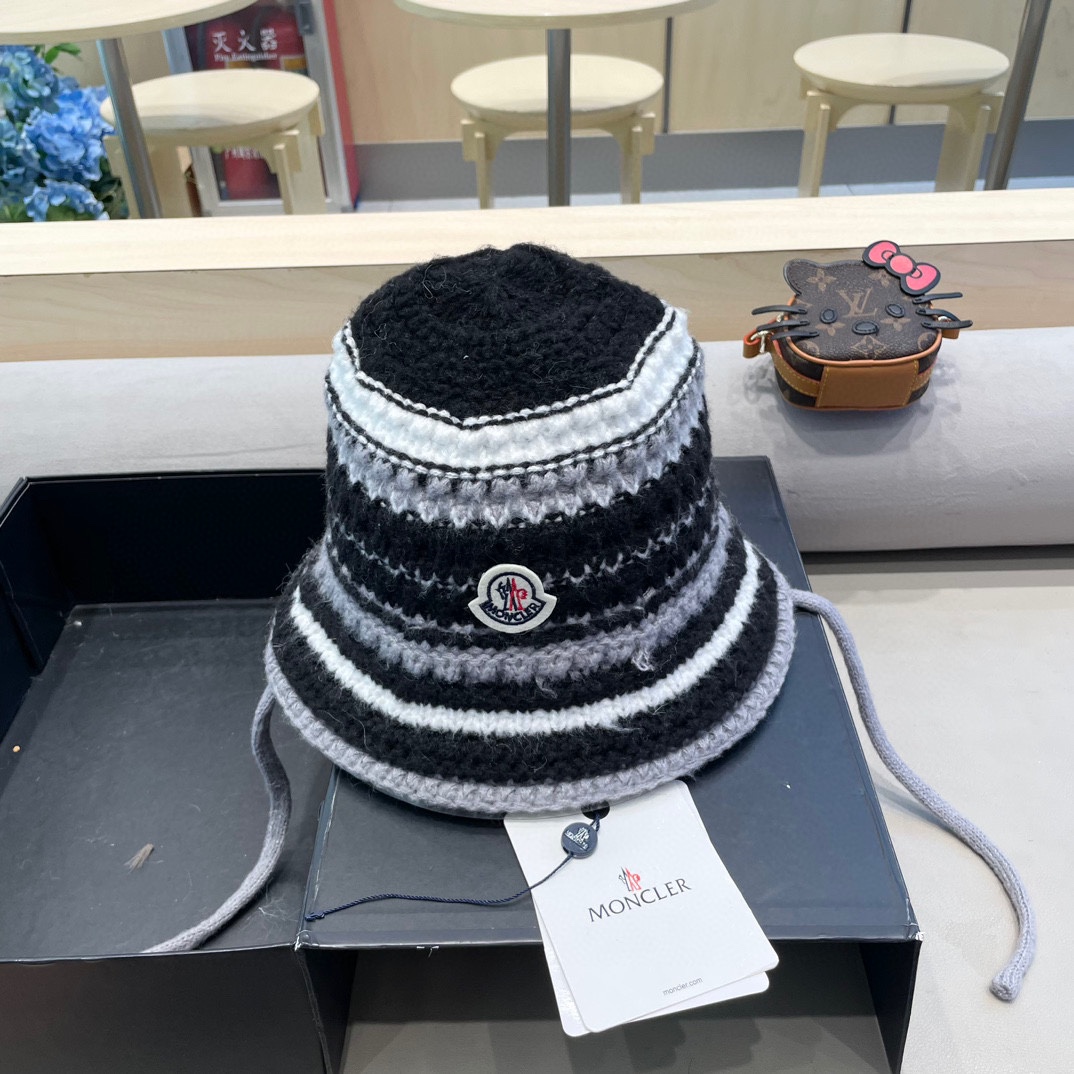 moncler蒙口条纹盆帽潮带子粗针织毛线帽卡其色显脸小美拉德风针织帽子男
