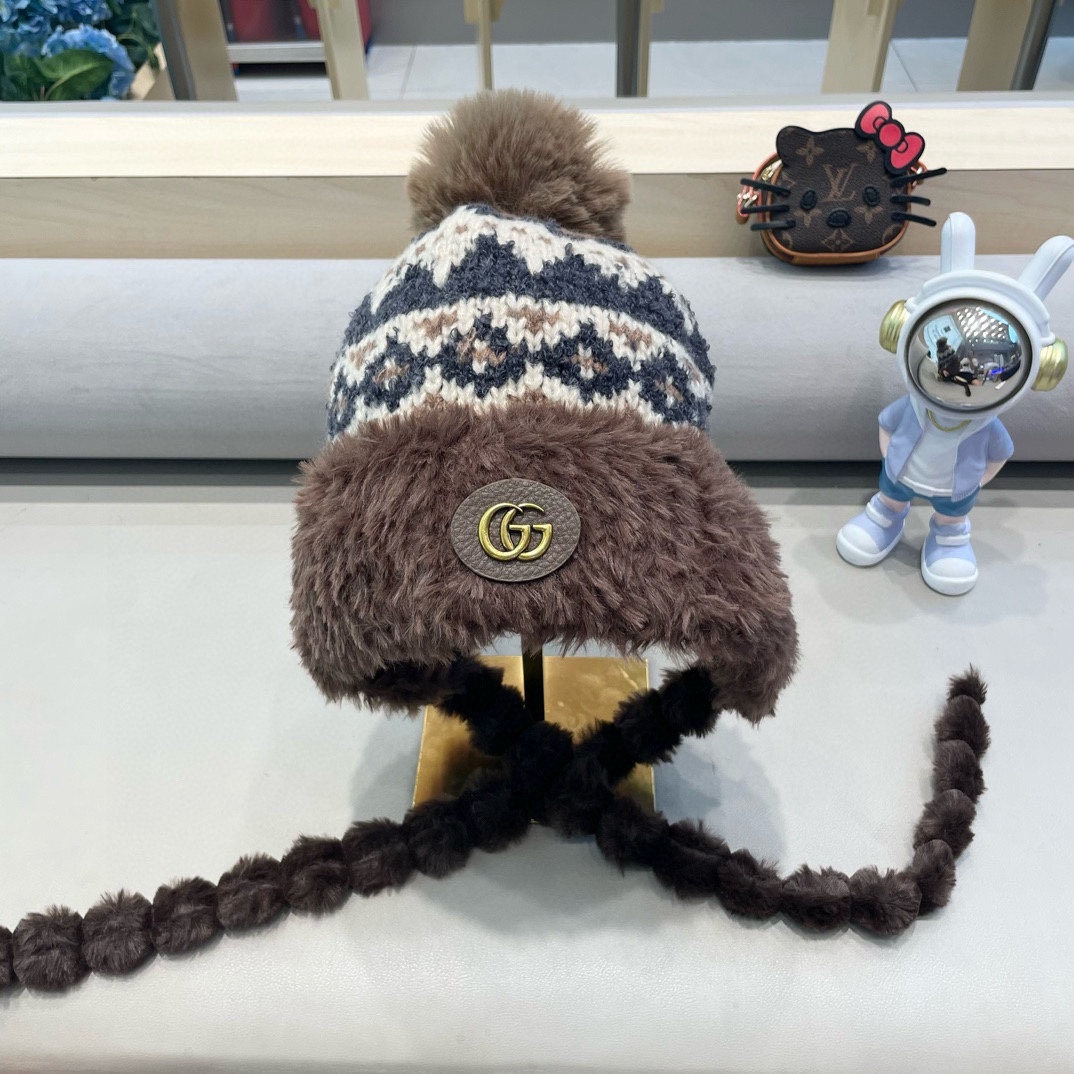 古奇Gucci冬季加厚加绒保暖护耳帽子女韩版复古针织提花图案雷锋帽东北防寒