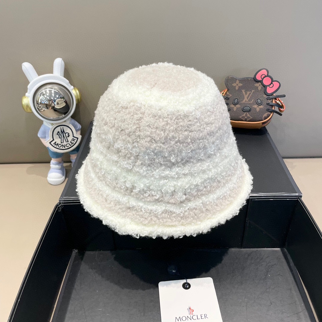 moncler蒙口拼色羊羔绒水桶帽子女秋冬针织保暖素颜气质小众百搭显脸小渔夫帽