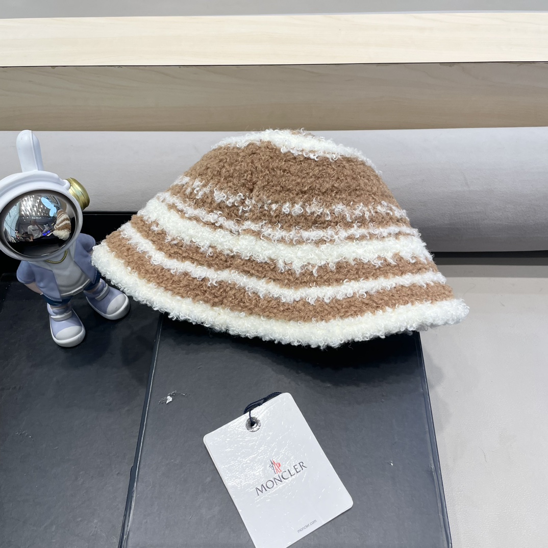 moncler周给给拼色羊羔绒水桶帽子女秋冬针织保暖气质小众显脸小渔夫帽