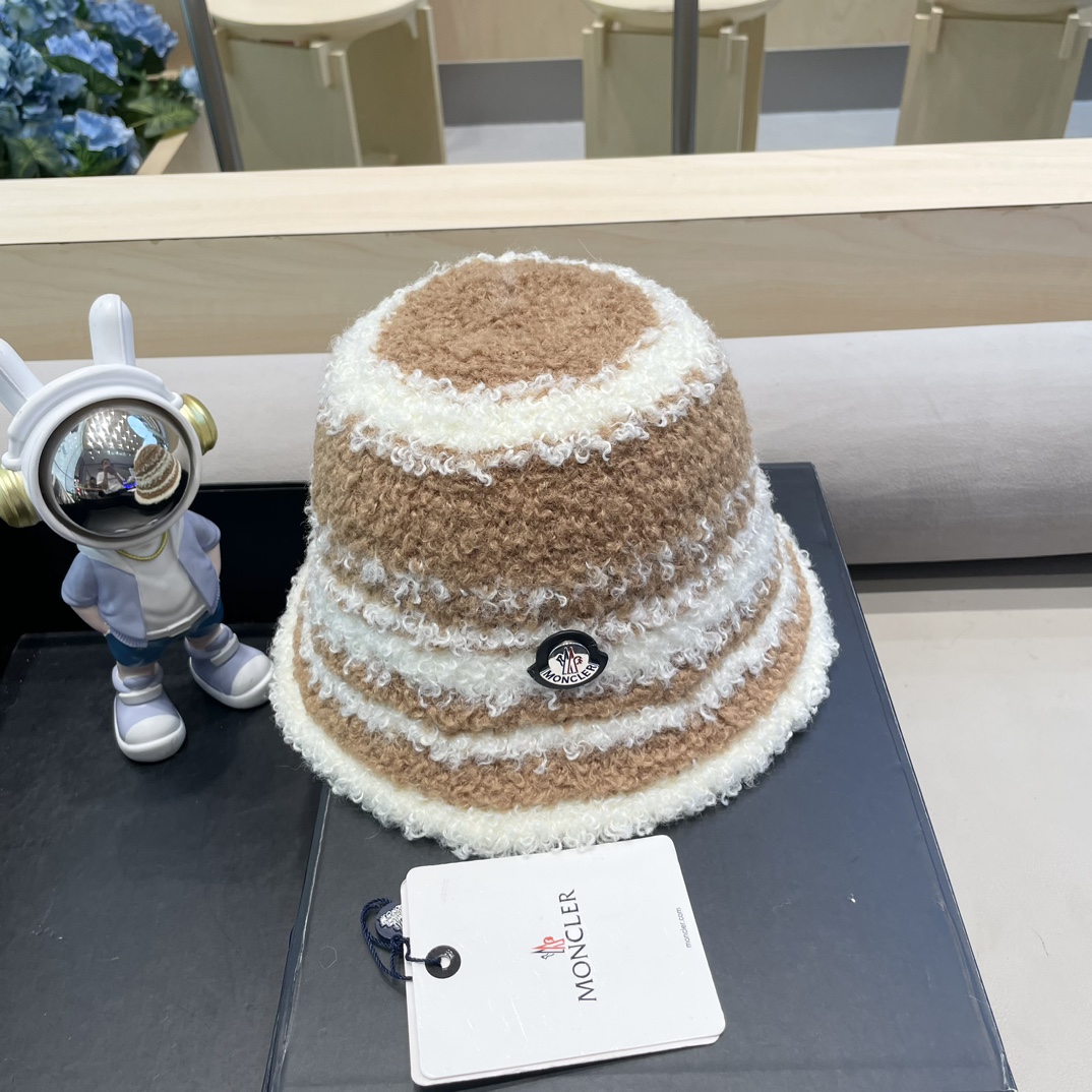 moncler周给给拼色羊羔绒水桶帽子女秋冬针织保暖气质小众显脸小渔夫帽