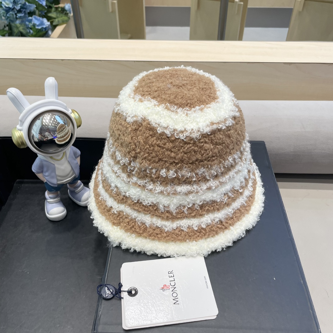 moncler周给给拼色羊羔绒水桶帽子女秋冬针织保暖气质小众显脸小渔夫帽