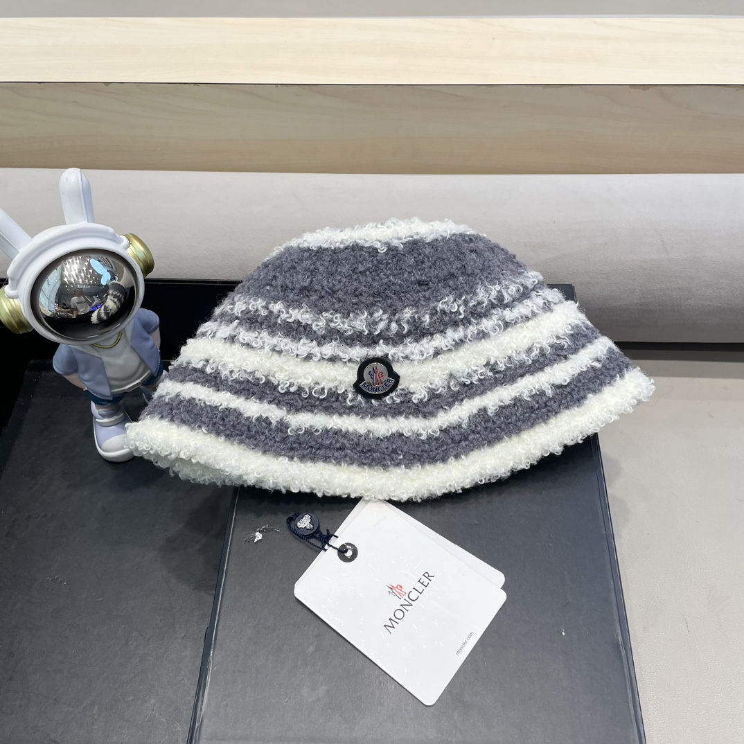 moncler周给给拼色羊羔绒水桶帽子女秋冬针织保暖气质小众显脸小渔夫帽
