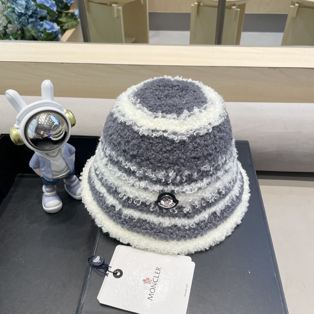 moncler周给给拼色羊羔绒水桶帽子女秋冬针织保暖气质小众显脸小渔夫帽