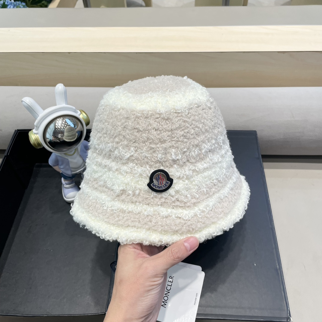 moncler周给给拼色羊羔绒水桶帽子女秋冬针织保暖气质小众显脸小渔夫帽