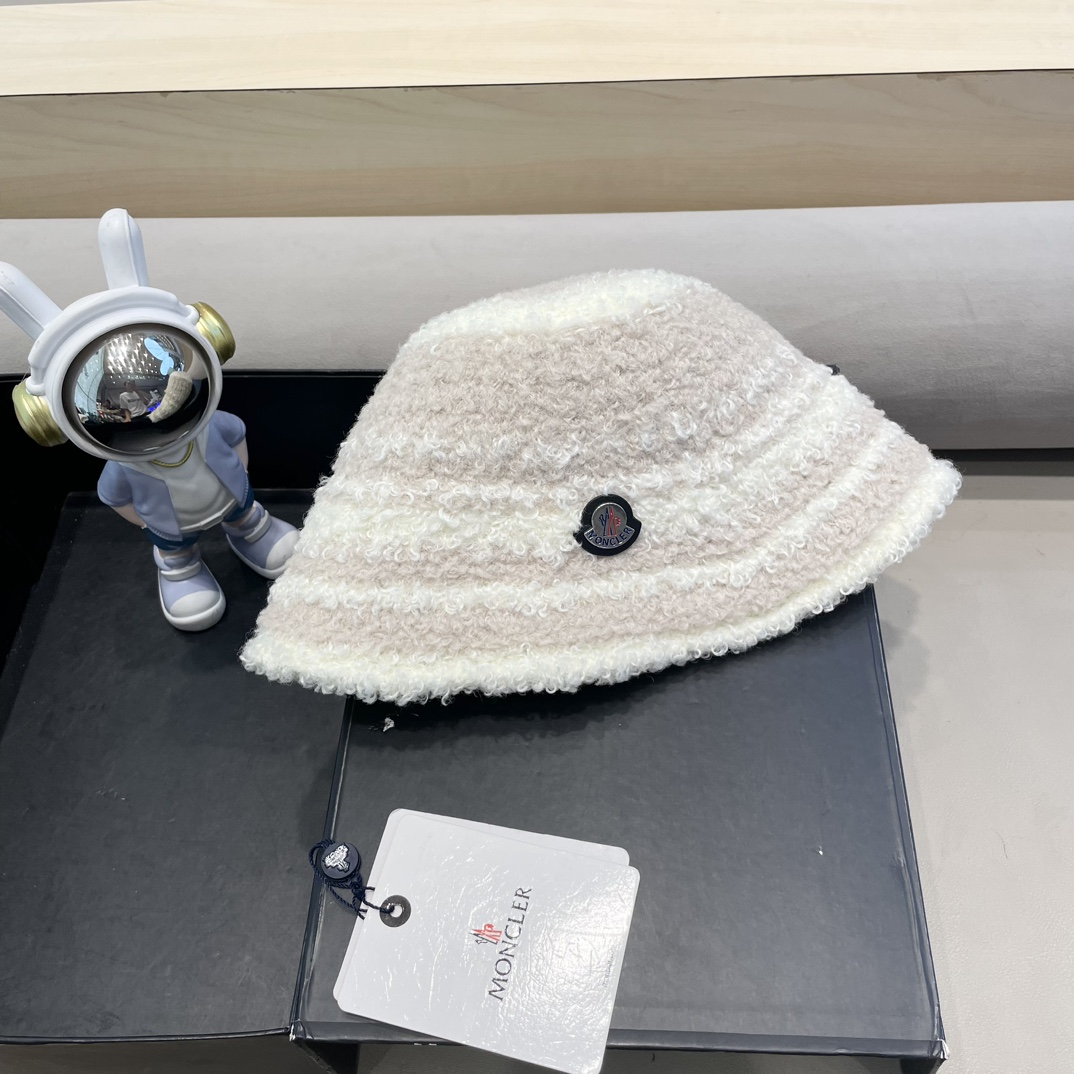 moncler周给给拼色羊羔绒水桶帽子女秋冬针织保暖气质小众显脸小渔夫帽
