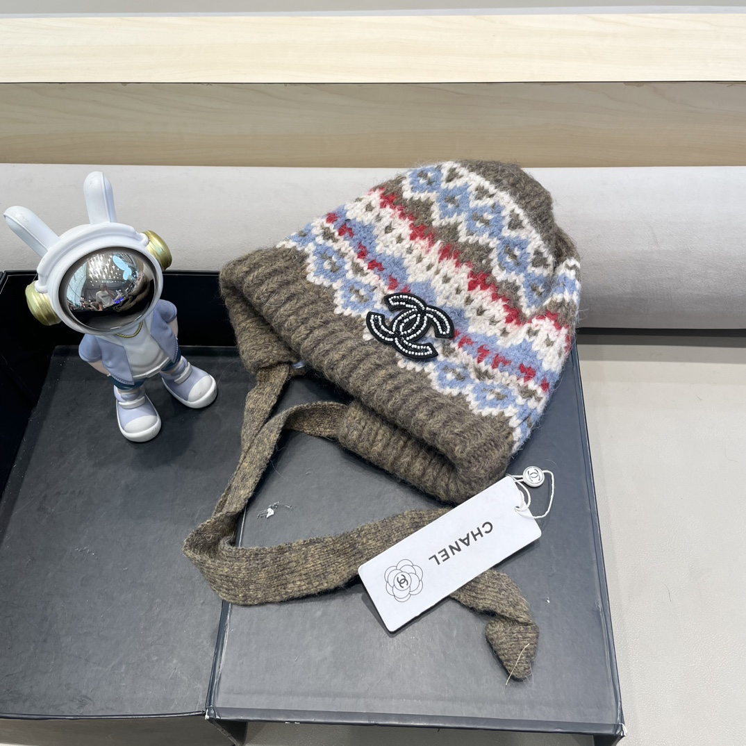Chanel秋冬针织帽可两用包包帽复古着绑带堆堆帽保暖毛线帽民族风帽子女