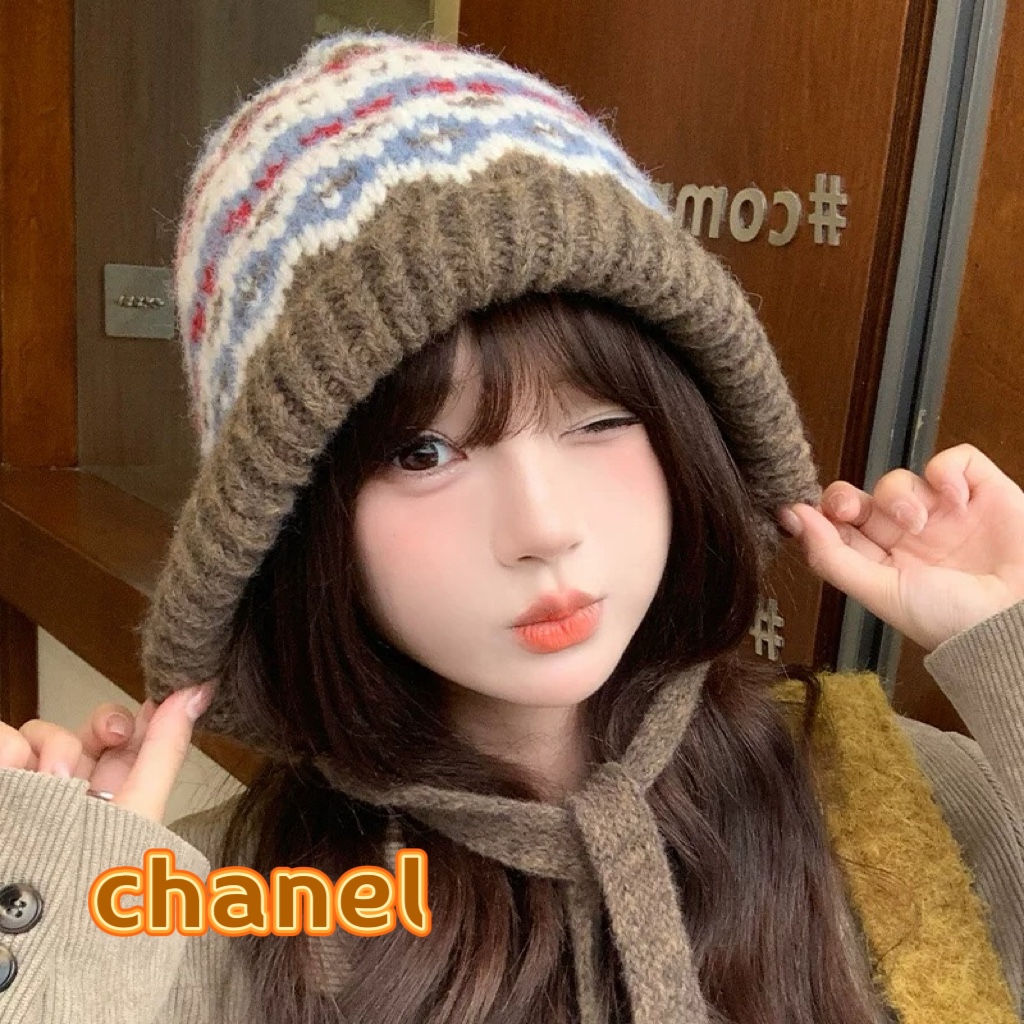 Chanel秋冬针织帽可两用包包帽复古着绑带堆堆帽保暖毛线帽民族风帽子女