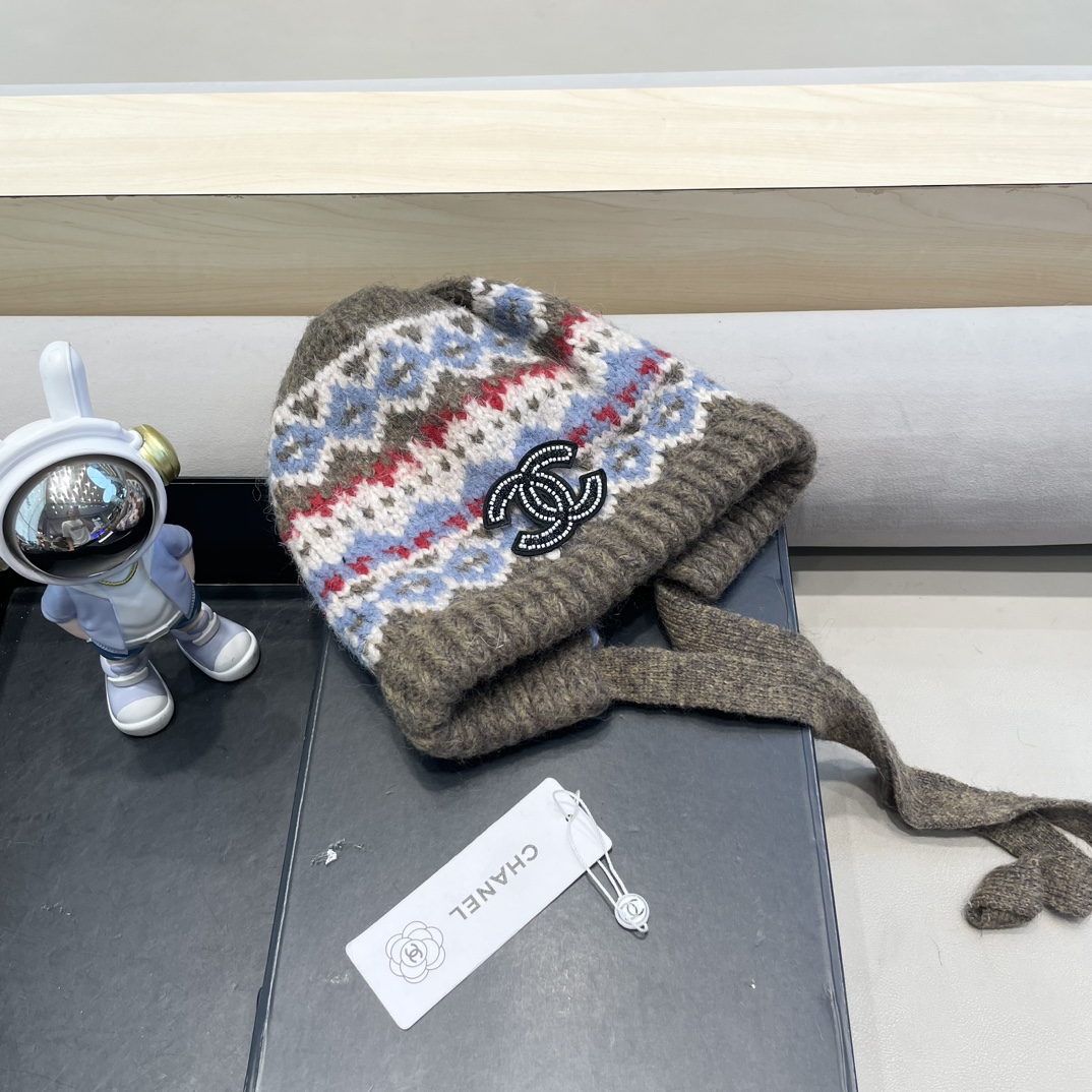 Chanel秋冬针织帽可两用包包帽复古着绑带堆堆帽保暖毛线帽民族风帽子女