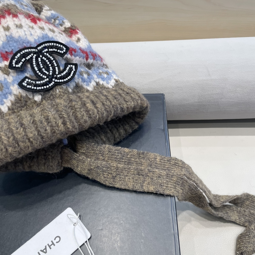 Chanel秋冬针织帽可两用包包帽复古着绑带堆堆帽保暖毛线帽民族风帽子女